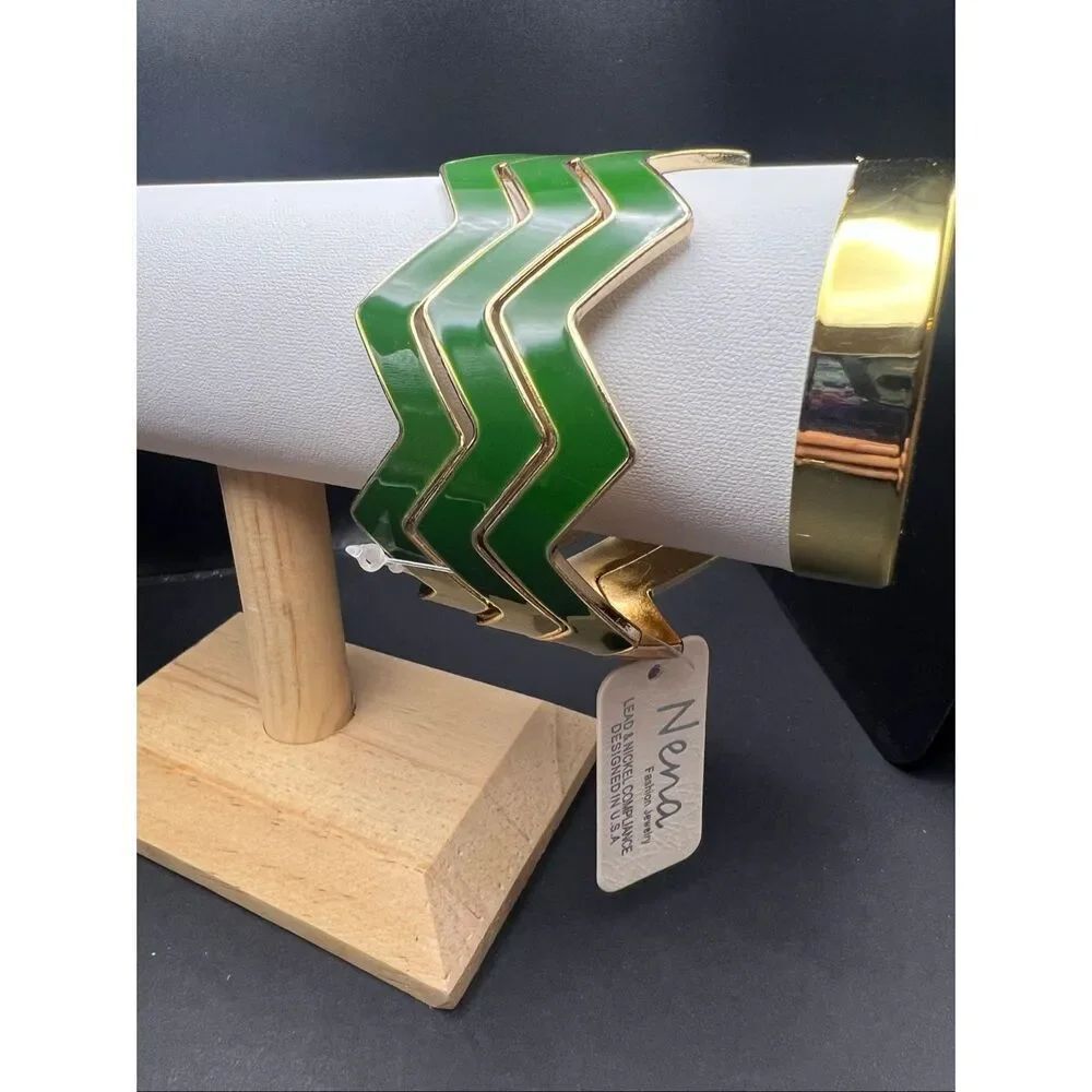 New! Nena Gold Tone Green Stacking Chevron Set of 3 Bangle Bracelets